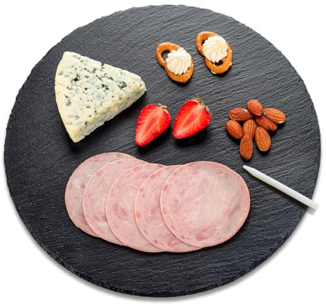 LiWiBet Schieferplatte Rund 30 cm, Schieferplatte Servierplatte groß mit Kreidestift, Servierplatte aus Schiefer, zum Servieren & Beschriften, Platte fürs Buffet, Sushi und Käse