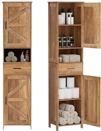Homhedy 67 H Tall Bathroom Storage Cabinet with 2 Barn Doors and 1 Drawer, Narrow Storage Unit, Adjustable Shelves, Floor Cabinet for Bathroom, Living Room, Entryway, Kitchen, Rustic Walnut, (15.7W)