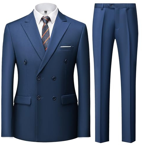 KUDMOL Men's 2-Piece Double Breasted Suit Peak Lapel Blazer Trousers Set