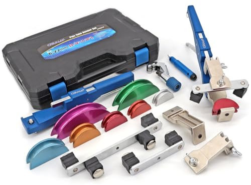 CARVALAX 90° Ratcheting Tube Bender Kit - 7 Color-Coded Aluminum Heads for 1/4 to 7/8 Pipes, Reverse-Bend Adapters & Portable Toolbox, Tube Cutter & Deburring for HVAC/Heating Repair (Blue）