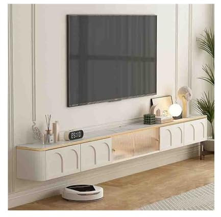 Banc TV Centre de Divertissement Flottant Moderne avec Porte coulissante en Verre et tiroirs, Meuble de Rangement Mural Flottant avec lumière LED for sous Les téléviseurs Meuble TV(180cm)
