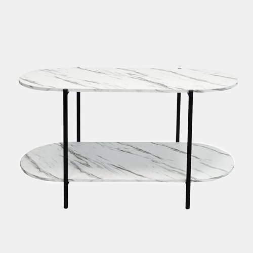 OHS White Coffee Table with Curved 2 Tier Storage, Marble Look Finish Wooden Coffee Tables with Study Metal Frame Modern Oval Centre Table For Living Room Office, 90x45x40cm
