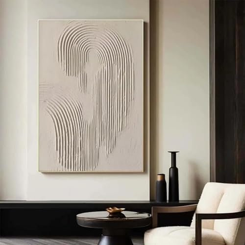 XBTYKPB Grand tableau texturé 3D beige, toile abstraite en plâtre, art mural Wabi Sabi, tableau minimaliste, 80 x 120 cm, avec cadre