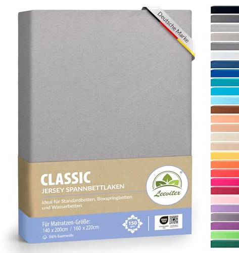 leevitex® Classic Jersey Spannbettlaken 140x200 – 160x220 cm | 150 GSM Baumwolle | Öko-Tex Zertifiziert | für Standard-, Boxspring- und Wasserbetten | 40 cm Steghöhe | 1er Pack | Grau