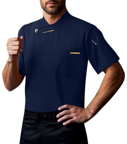 Veste de cuisinier à manches courtes pour homme et femme - Unisexe - Pour la cuisine, l'hôtel, l'uniforme - Veste de cuisine professionnelle - Style moderne - Avec poche, bleu, 5XL