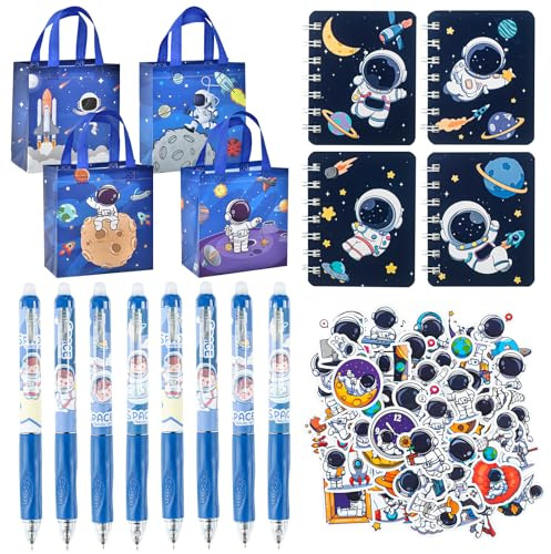 Phlognfy Regali Compleanno Bambini Spaziale, Set Materiale Scolastico Spaziale, con Blocco Note a Spirale, Penna, Adesiva, Sacchetto Regalo in Tessuto non Tessuto, per Regali Festa a Tema Bambini