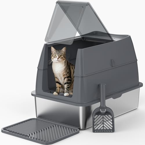 Furtime Bac à litière fermé pour chat en acier inoxydable avec couvercle, taille XXL, nettoyage et anti-odeurs, avec pelle et poubelle, convient pour les grands chats/plusieurs chats