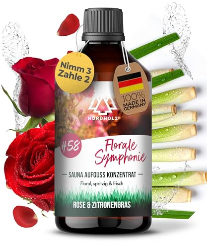 NORDHOLZ® Saunaaufguss 100ml [60 Sorten] Sauna Aufgussmittel Konzentrat | Sauna Duft · #58 Florale Symphonie · Rose & Zitronengras · floral & zitrisch · Mit ätherischen Ölen · Made in Bayern
