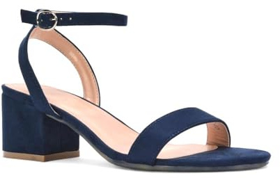 ESSEX GLAM Women's Low Block Heel Sandal Ladies Navy Faux Suede Open Toe Strappy Ankle Strap Dress Shoes Size 7