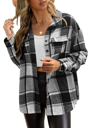 Zeagoo Damen Hemd Jacke Urban Style Hemdbluse Herbst Winter Karierte Flanellhemd Freizeit Retro Bluse Schwarz L