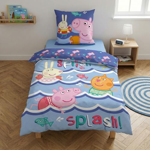 Peppa Pig Splish Splash Kinderbettwäsche 140x200 + Kissenbezug 65x65 Junge | Wendebettwäsche Einzelbett | Baumwoll-Mischgewebe schnelltrocknend Oeko-Tex | Nickelodeon | Kinder | Geschenk | Geschenkidee