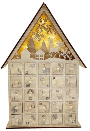 Beleuchteter Adventskalender aus Holz, mit LED-Lichtern und Baumhaus, Schneeflocke, Rentier, LED-beleuchtete Dekore