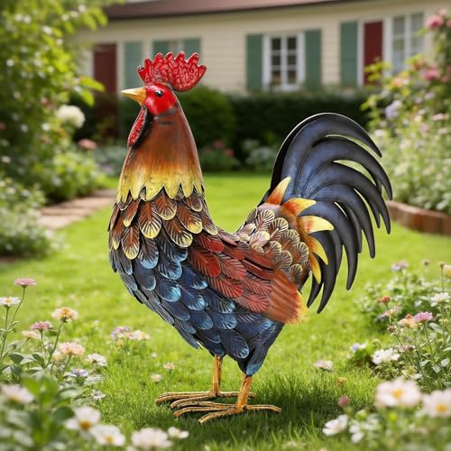 chisheen Rooster Decor Statue Garden Decor Metal Yard Art Chicken Sculpture Outdoor Figurines