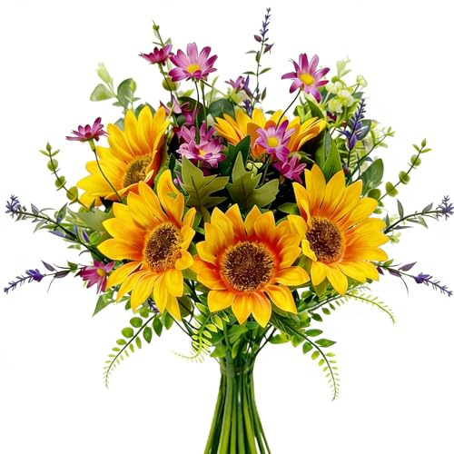Anieaura Artificial Sunflower Bouquet with Wildflowers, Silk Fall Cemetery Flowers Arrangement for Vase, Faux Sunflowers Table Centerpiece for Home Kitchen Office Wedding Party Grave Decor