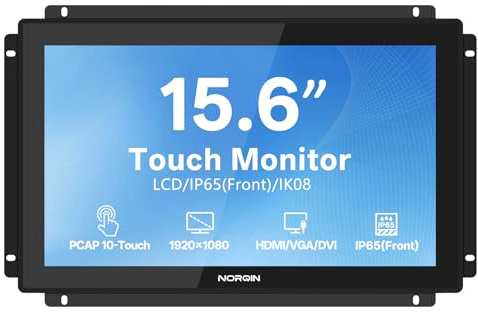 NORQIN 15.6 Inch Industrial Touchscreen, Open Frame 1920×1080 IP65 Monitor | IPS, LCD Display with 10-Point Capacitive Touch, HDMI VGA DVI USB, VESA Mount Rugged Screen for POS, Kiosk, HMI, Automation