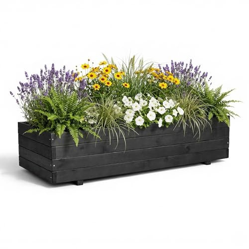 IvoQ Luxus Holz Pflanzkübel Outdoor - Schwarz FSC Holz - Wetterfest Blumenkasten - 120x40x32 cm