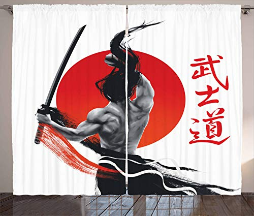 ABAKUHAUS Japonais Rideaux, Samouraï à la Pratique ornée, Décoration Intérieure Accent Lot de 2 Panneaux, 280 x 175 cm, Rouge Blanc