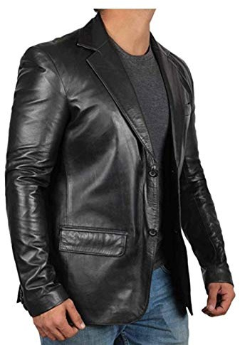 Classic Black Sheepskin Dress Coat Lambskin Leather Blazer Jacket Regular (Large)