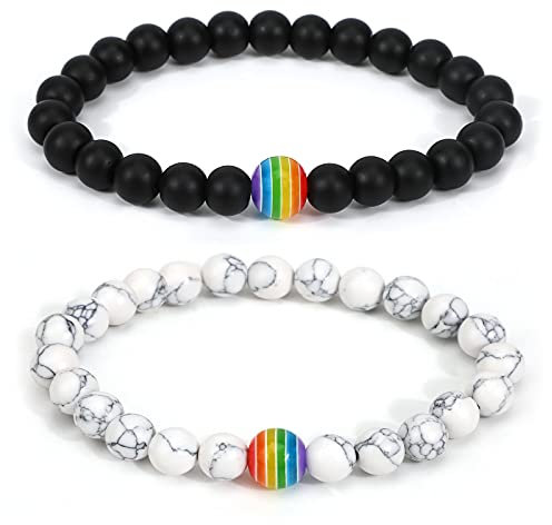 PHOGARY Gay Pride LGBT Armbänder (2 Packungen), Regenbogen-Perlen für Paare, Distanzarmbänder, schwarz + weiße Achat-Perlen, Lesbisches Armband, Gay Zubehör