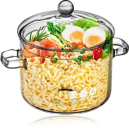 ERINGOGO High Borosilicate Glass Soup Pot with Lid 1900Ml Clear Glass Cooking Pot for Stove Dual Handle Simmer Saucepan for Soup Ramen and Baby Food