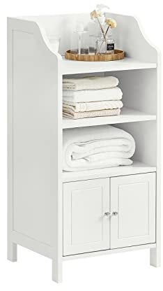 SoBuy Meuble Bas de Salle de Bain Commode Armoire de Rangement sur Pied avec 3 étagères et 2 Portes, Blanc, 41x36x86 cm, BZR56-W