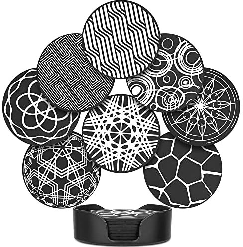 JTOOYS Drink Coasters Set of 8, Black Round Silicone Rubber Cup Pad Square Storage Box Non-slip Mug Mat Decorative Cup Coasters Homes Bars Coffee & Most of Cups Beer Mug Wine Glass Bottle - 9.8cm