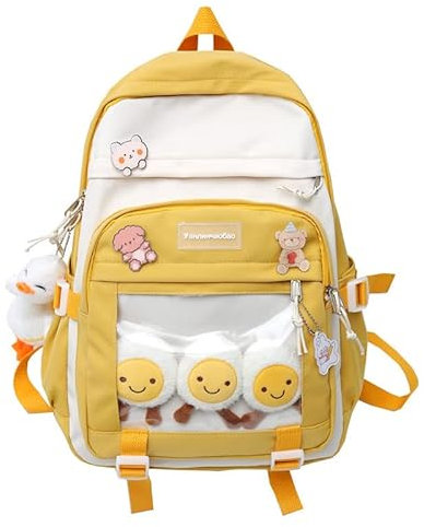 HACODAN Kawaii Rucksack Ita Tasche Japanische Ästhetik mit süßem Anhänger und Pins für Mädchen High School Büchertaschen, Gelb