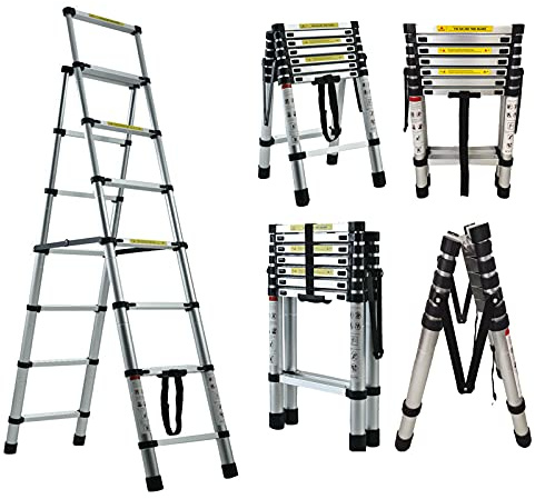 Folding Telescopic Ladder 5.6ft+6.6ft, Multipurpose Folding Aluminum Extension Ladder, Extendable Portable Loft Ladder EN131, Max Capacity 330LB