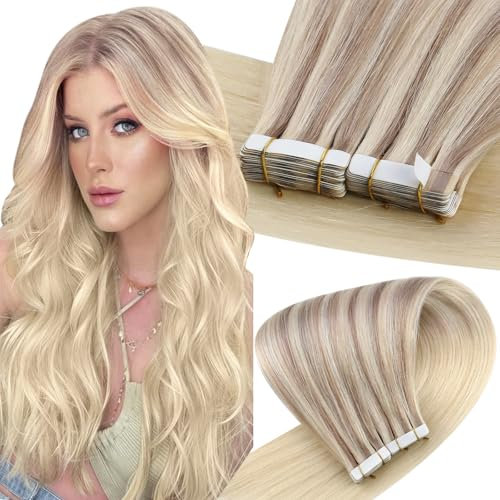 Easyouth Tape on Extension Echthaar Glue in Haar Extensions Echthaar 35 cm 40g Farbe Aschblond Mix Mittelblond und Platinblond Echthaar Tape on Extensions #18/22/60