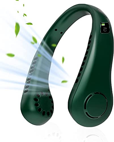 Helteko Portable Neck Fan Bladeless Hanging Fan Rechargeable 5 Speeds Circulating Wind Leafless Digital Display Hanging Neck 2600mAh Large Capacity Lazy Air Conditioner for Home Office (Green)