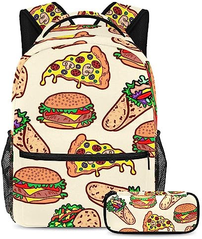 VAPOKF Juego de mochila escolar para adolescentes y niños, mochila con estuche para lápices, hamburguesa con queso, taco, tostada, pizza, multicolor, Talla única, Juegos de mochilas escolares
