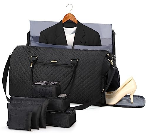 LekeSpring Kleidertasche mit 6 Packtaschen, umwandelbare Wochenendtasche für Damen, große Handgepäcktaschen für Reisen, Seesack, Kleidersack, Geschenke, Schwarz, Schwarz
