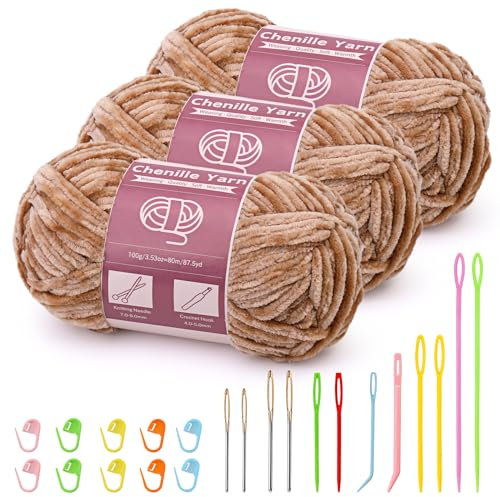 3 x 100 g (3 x 80 m) Chenille Garn, Samt Garn zum Stricken und Häkeln mit Nadeln mit großem Öhr, weiches Chenille für Kleidung, Decken, Taschen, Pullover, DIY-Strickprojekte (Helles Khaki)