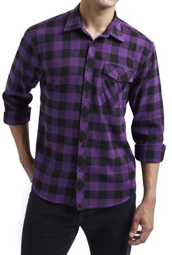 HISDERN Mens Plaid Flannel Shirts Long Sleeve for Men Casual Lumberjack Shirt Checked Button Down Regular Fit Purple/Black 4XL