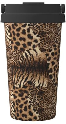 KIROJA Isolierter Kaffeebecher mit Leopardenmuster, mit Tragegriff/Deckel, Edelstahl-Reisebecher, Kaffeetassen zum Warmhalten von Eis