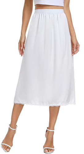 Vlazom Women's Satin Half Slips Lace Long Underskirt Soft Waist Slips for Under Dresses Long Skirt Petticoat,White,M