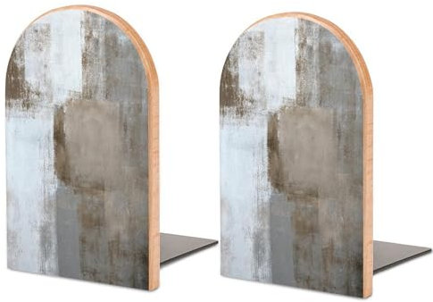 Quteprint Buchstützen aus Holz für Regale, Schreibtisch-Buchstützen, 2 Stück, grau-braun, abstrakte Kunst, dekorativ, Büro, Zuhause, Schule, Buchhalter, robuste Buchstopper für Filme, Bücher, Größe M