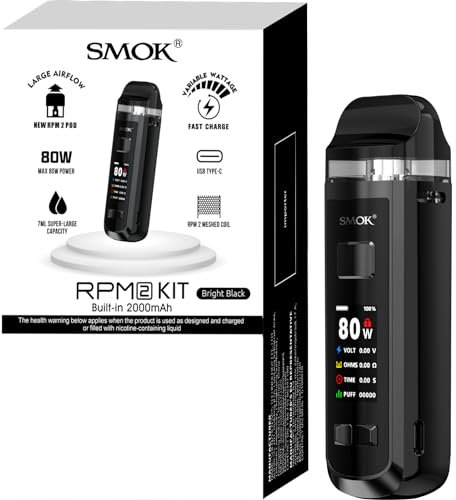 SMOK RPM 2 Pod Mod Kit mit 2000mAh Akku und 7ml Kapazität Seitliches Befüllsystem 80W Maximalleistung 1,14-Zoll-Bildschirm USB-Typ-C-Laden DL und MTL Vaping Helles Schwarz Kein Nikotin