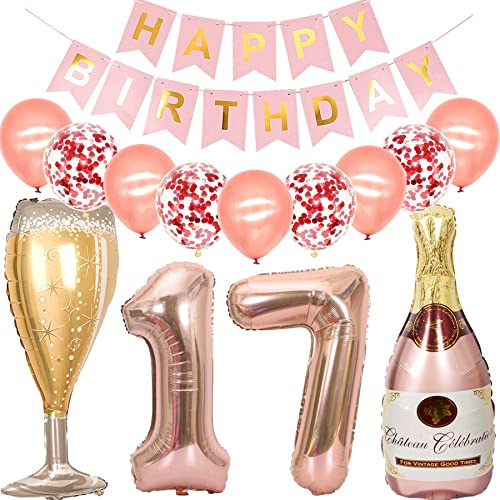 Feelairy Ballons 17 ans Anniversaire Fille, Decoration Anniversaire 17 ans Or Rose, Ballon Bouteille de Vin Ballon à Hélium Bouteille de Champagne pour Décoration de Fête d'anniversaire 17 ans Fille