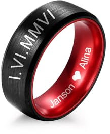 MeMeDIY Personalisierte Ringe für Männer Wolframcarbid 6mm 8mm Ehering mit Eingraviertem Namen/Datum Verlobungsring für Paare Schwarzer Ring mit Blaue/Rote Beschichtung Fashion Schmuck (C-2)