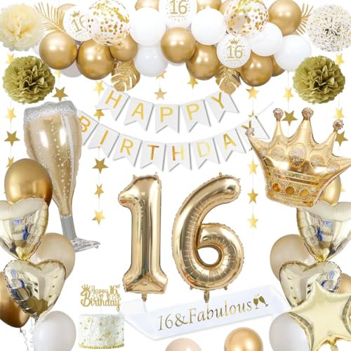 16 Geburtstagsdeko, gold 16 Geburtstag deko für Jungen Mädchen gold weiße Luftballons HAPPY BIRTHDAY Banner Nummer 16 Luftballons Krone Stern Herz Luftballons HAPPY 16th BIRTHDAY Kuchenaufsatz