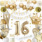 16th Birthday Decorations, Gold 16th Birthday Decorations for Boys Girls Gold White Balloons HAPPY BIRTHDAY Banner Number 16 Balloons Crown Star Heart Balloon Cake Topper