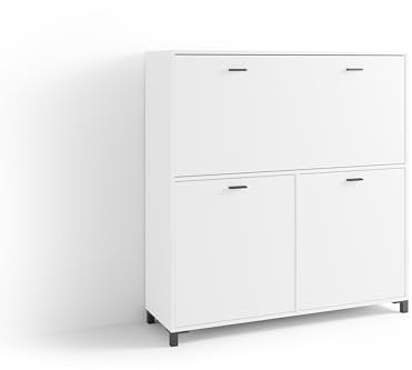 byLIVING Sekretär Montana/Sekretär matt weiß/Office-Schrank mit 1 Klappe und 2 Türen/Schwarze Griffe/B 120, H 127, T 40 cm