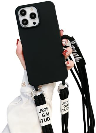 Emlivi Handykette Hülle für iPhone 16 Pro Max, Necklace Handyhülle mit Kordel zum Umhängen Weich Silikon Nylon Schultergurt Case Cover TPU Stoßfest Schutzhülle mit Band, Schwarz