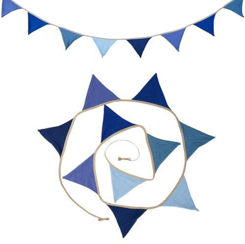 Wimpelkette Kinderzimmer Deko Junge,Girlande Wimpelkette Musselin Stoff Baumwolle,Babyzimmer Hausbett Deko Junge,Wimpelgirlande,Wanddeko Outdoor Wetterfest,Wimpel Banner Hänger Dekoration (Blau)