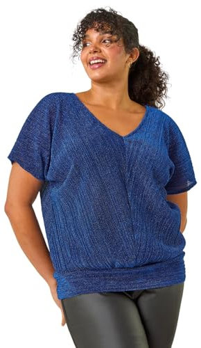Roman Curve Metallic Plisse Banded Top for Women UK - Ladies Everyday Autumn Winter V-Neckline Comfy Soft Evening Vacation Work Party Night Out - Royal Blue Plus - Size 18