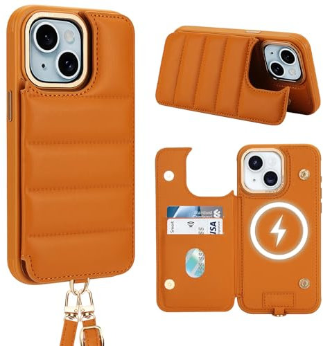 Aisenth Crossbody Lanyard Case for iPhone 12/iPhone 12 Pro, Soft Puffy Quilted PU Leather Puffer Wallet Cover with RFID Blocking Card Holder, Kickstand, Magnectic Flip Case for Women Men, Orange