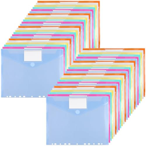 HEIYUET 48 Stück Dokumententasche A4 zum Abheften, 6 Farben Dokumentenmappe A4 Binder Taschen, Wasserdicht Dokumenten Mappen Abheftbar mit Etiketten, Transparent Sammelmappe für Büro Ordnersystem