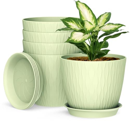 Plastic Plant Pots Indoor, 5 Pack 20cm/8 Inch Stripe Grooves Flower Pots with Drainage Holes and Tray, Modern Decorative Planter Pot for All House Plants(Light Green)