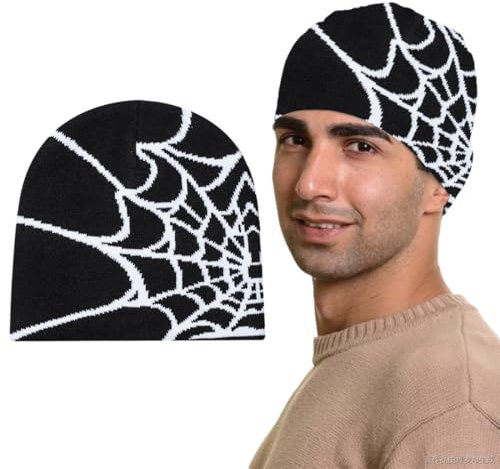 EIROVYA Spider Web Y2k Beanie Cap, Unisex, Black, Frühling, Herbst, Winter, Spinnenmuster, Anpassbar, Einheitsgröße, Acryl, Ohrwärmer, Mütze